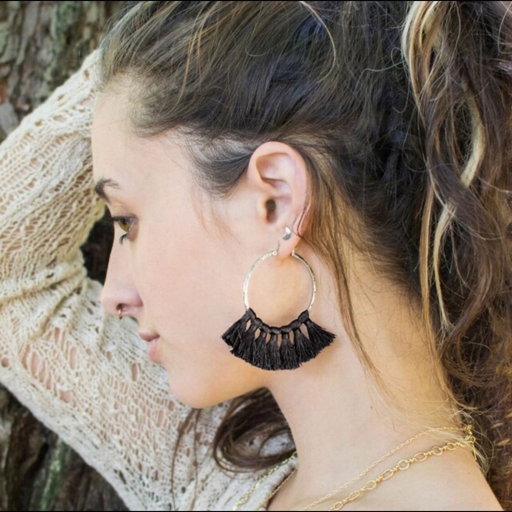 Black Tassel Fringe Hoop Earrings,NWT